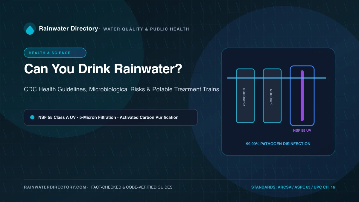Potable rainwater purification train showing multi-stage sediment filters, activated carbon, and NSF 55 Class A UV disinfection
