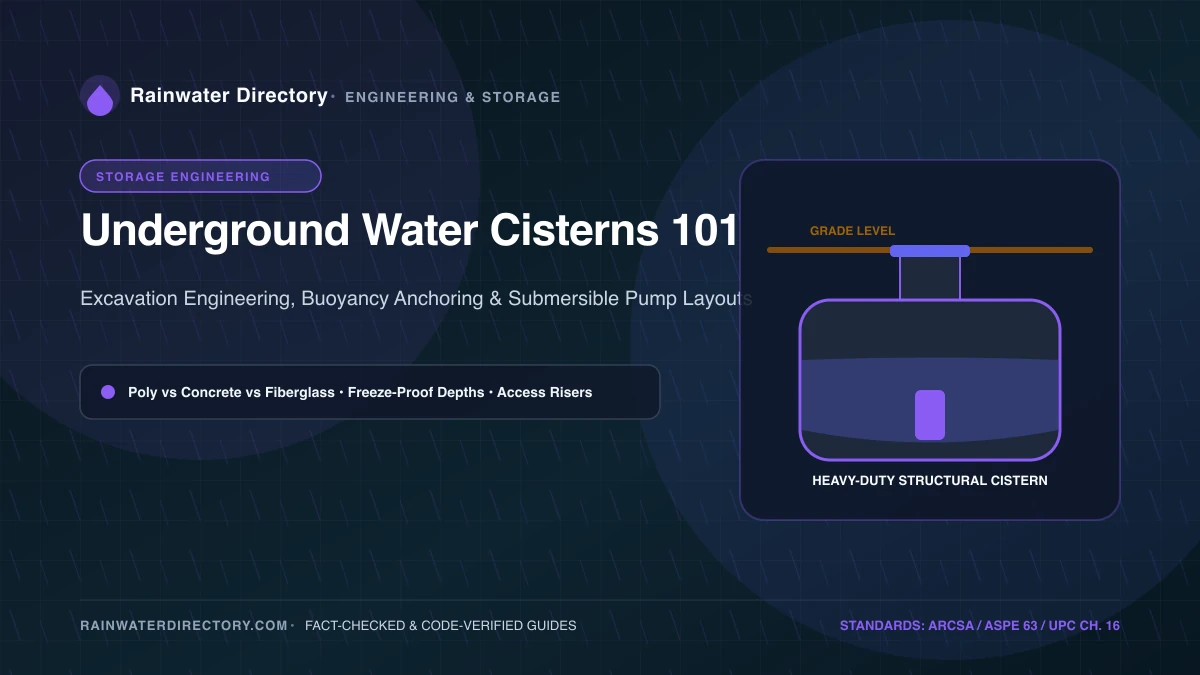 Underground rainwater cistern engineering cross-section showing excavation depth, access riser, and submersible pump