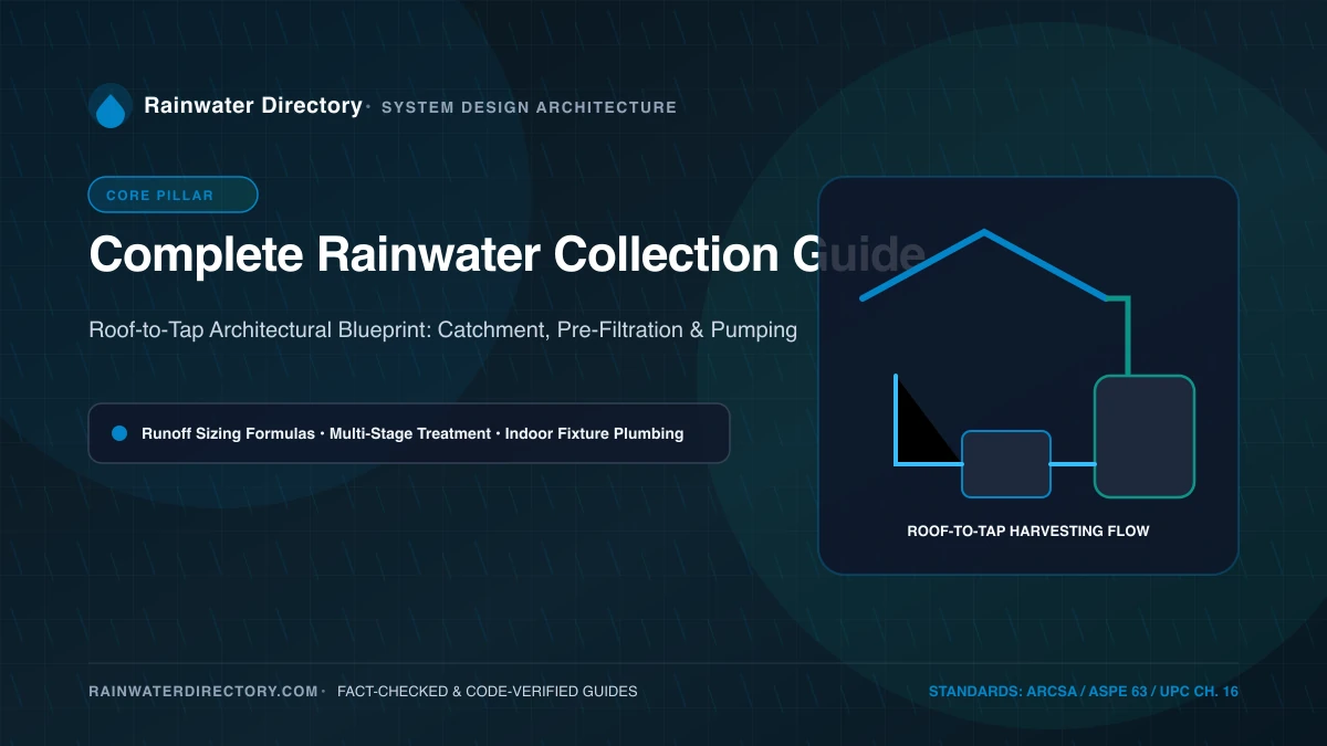 Complete roof-to-tap rainwater collection system blueprint showing catchment gutters, first-flush diverter, storage cistern, and booster pump