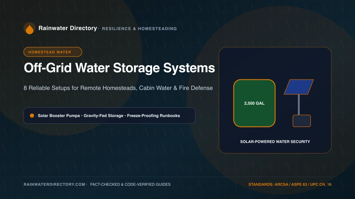 Off-grid homestead water storage station featuring high-capacity dark polyethylene tanks and solar-powered booster pump