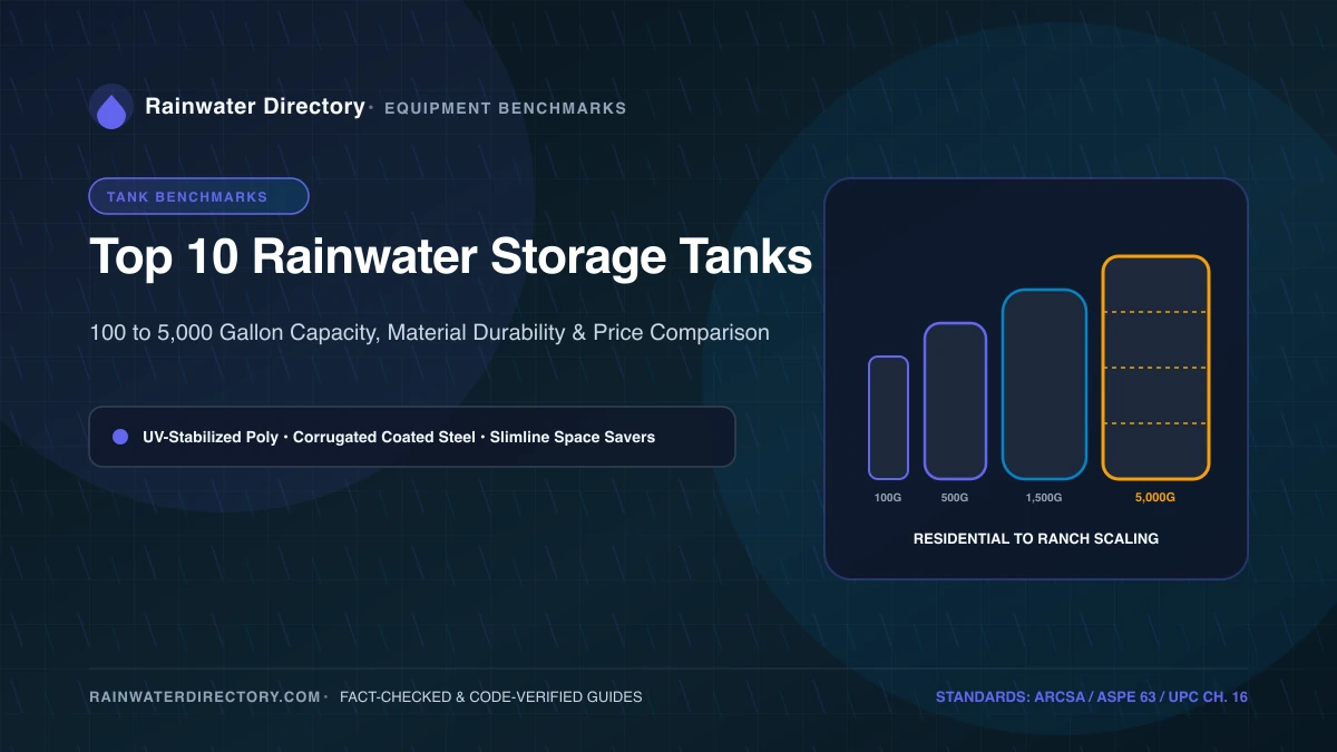 Rainwater storage tank capacity lineup comparison from 100-gallon slimline poly barrels to 5,000-gallon corrugated coated steel cisterns