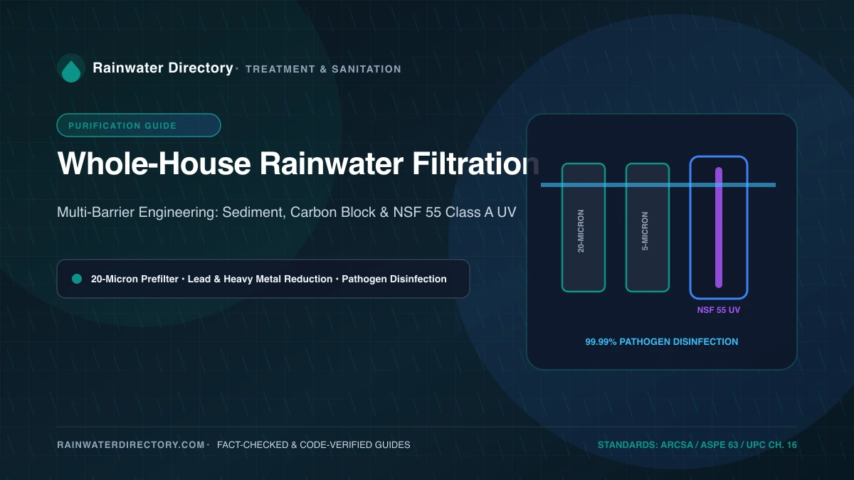 Whole-house rainwater purification rack with dual 20-inch cartridge filter housings and stainless steel UV sterilizer chamber